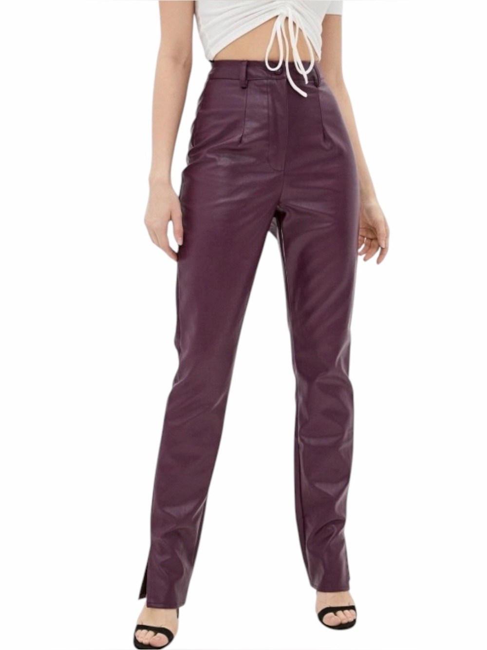 Missguided Faux Leather Pants Plum High Rise Straight Leg Slit Hem US 2 24